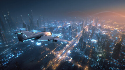 Futuristic aircraft flight over neon cityscape at night aerial view digital art
