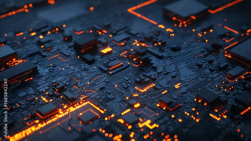 Poster modern circuit board pulsating with orange light and data flow