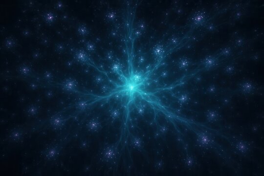 Abstract illustration of a luminous turquoise core with energy tendrils and twinkling lights against a dark background, symbolizing neural pathways, cosmic phenomena, or technological networks.