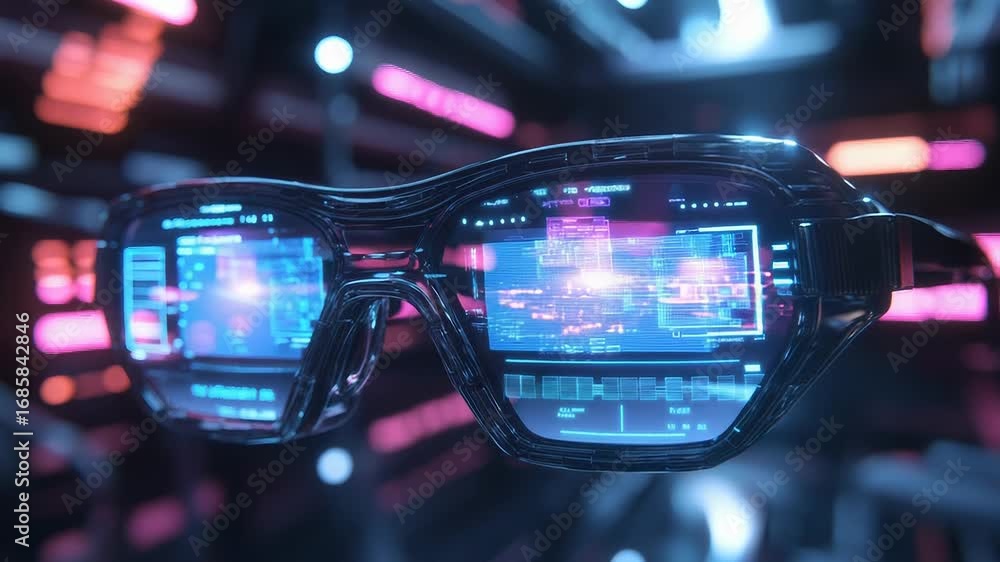 Poster futuristic smart glasses displaying data in virtual reality environment