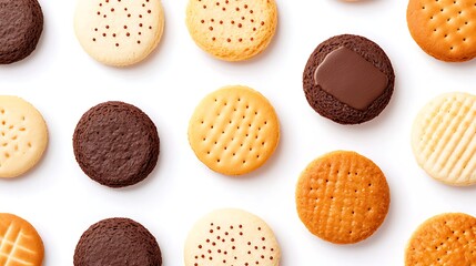 Assortment of delicious round biscuits and cookies on a white background
