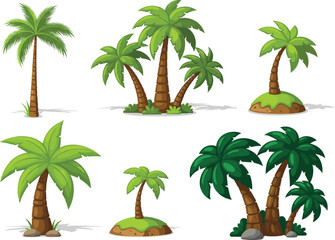 Cartoon tropical palm trees set with green leaves and brown trunks, perfect for summer island, jungle, or beach scenes