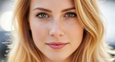 Naklejka premium A close-up portrait of a blonde woman with green eyes, smiling gently.