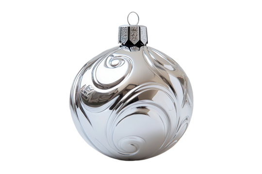Shiny silver Christmas tree ornament with swirl patterns and decorative top