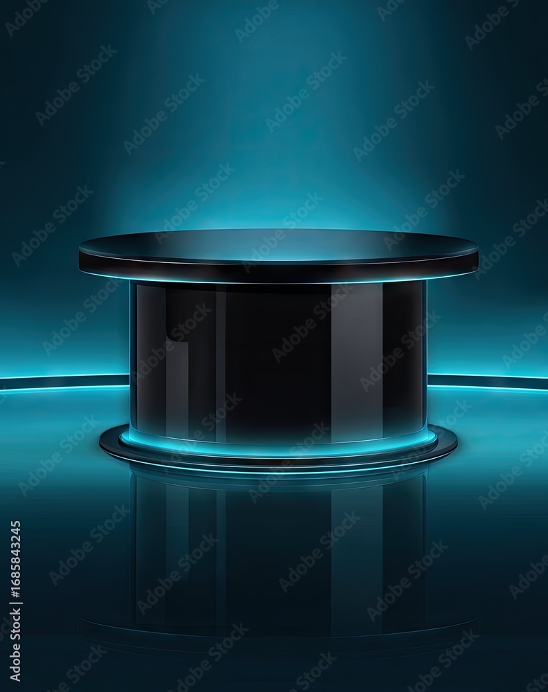 Poster a glossy, dark black circular display platform is highlighted by vibrant teal illumination, creating