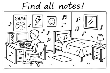 Simple line drawing of a boy in his room with computer bed and posters including hidden music notes for kids puzzle.