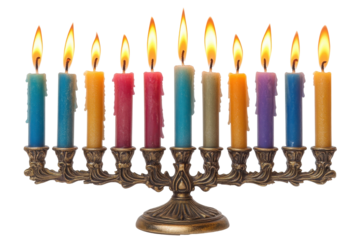Menorah with nine lighted candles in a rainbow of colors for Hanukkah celebration
