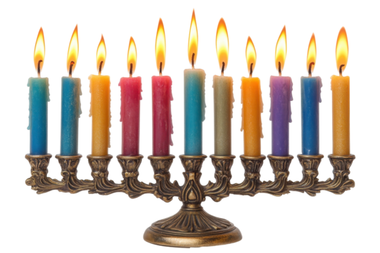 Menorah with nine lighted candles in a rainbow of colors for Hanukkah celebration