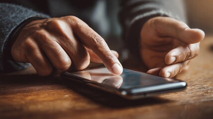 Person using a smartphone with a wooden table's texture visible in the background during daylight hours