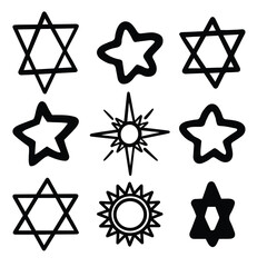 Star icon set hand drawn. Black and white outline  with drawing for star of David and suns