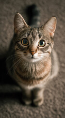 Obraz premium Curious cat portrait indoor setting animal photography soft lighting eye-level view feline expressions