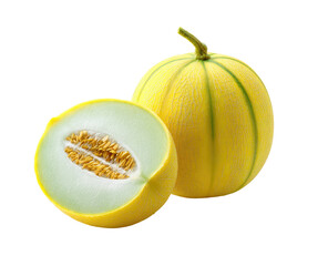 A cantaloupe, whole and halved, displaying its pale-green interior with golden seeds.  Striations of yellow-green are evident on the exterior