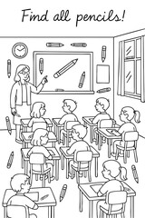 Simple line drawing of a classroom scene with children and teacher including hidden pencils for kids activity