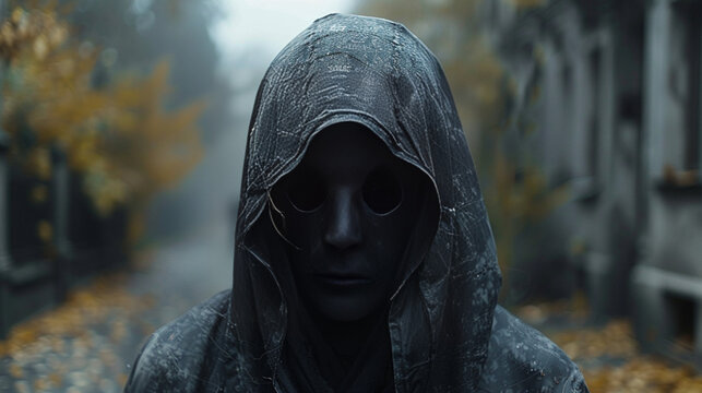 Dark Halloween Masked Woman with Gothic Skull Sculpture and Horror Art Concept