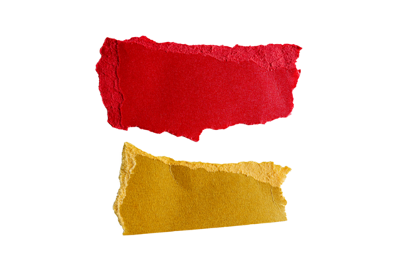 Fragmentos de papel rasgado en rojo y amarillo sobre fondo negro, diseño artístico minimalista