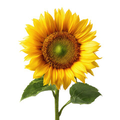 Obraz premium Close-up of a single sunflower. Bright yellow petals surround a central disc of dark-yellow/brown seeds. Green leaves are visible