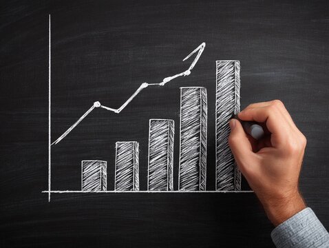 Chalk drawing of a bar graph showing increasing trends on a blackboard, illustrating positive growth and data analysis in a classroom setting - Powered by Adobe