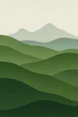 Obraz premium Abstract landscape illustration with rolling green hills and mountain silhouettes in layered composition