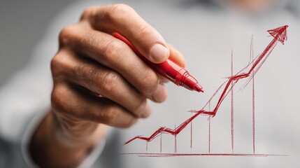 Hand drawing upward trend on a chart using a red marker in a business setting during a presentation