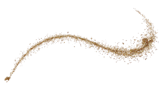Abstract tan, flowing, wispy design.  A long, sinuous line, like a ribbon or stream, composed of small, scattered particles
