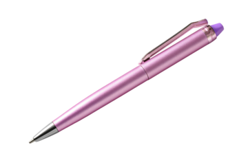 A pink ballpoint pen, angled, sits against a black background.