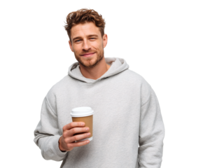 Man holding coffee cup, smiling at camera