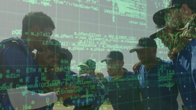 Player reaching bag producing helmet, baseball teammates inspecting digital sensor overlay in tech