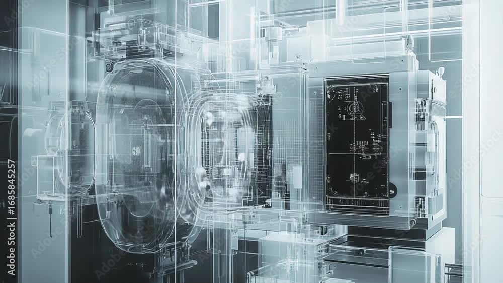 Poster futuristic transparent machine revealing complex internal mechanisms and displaying technical data o
