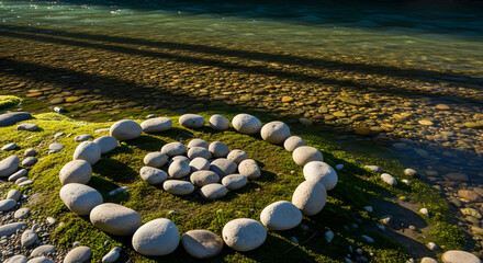 Obraz premium Spiral Rock Formation on Mossy Shoreline by Tranquil River Nature Art