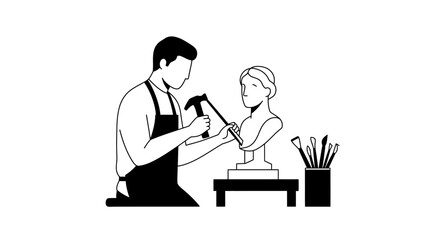 Artist meticulously carving a marble bust with a hammer and chisel showcasing the creative process of sculpting and fine art creation