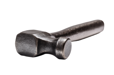 Close-up of a dark gray metal hammer.  The hammerhead is slightly rounded, oblong, and textured.  The handle is smooth and extends from the head