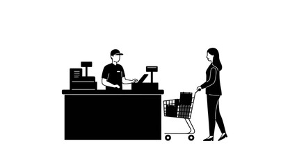 Customer with shopping cart at checkout counter interacting with cashier in a grocery store or supermarket illustration