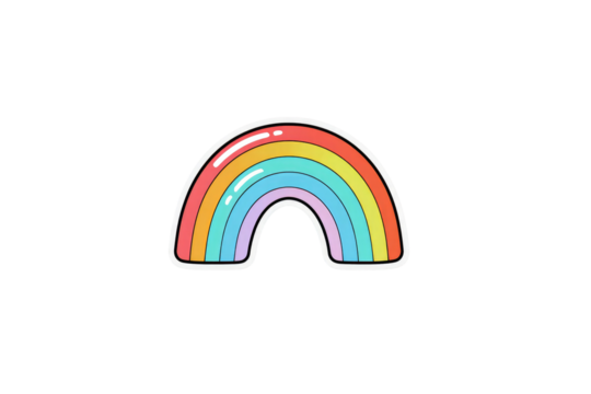 Cute, stylized rainbow graphic.  Simple, colorful, outlined, sticker-like design