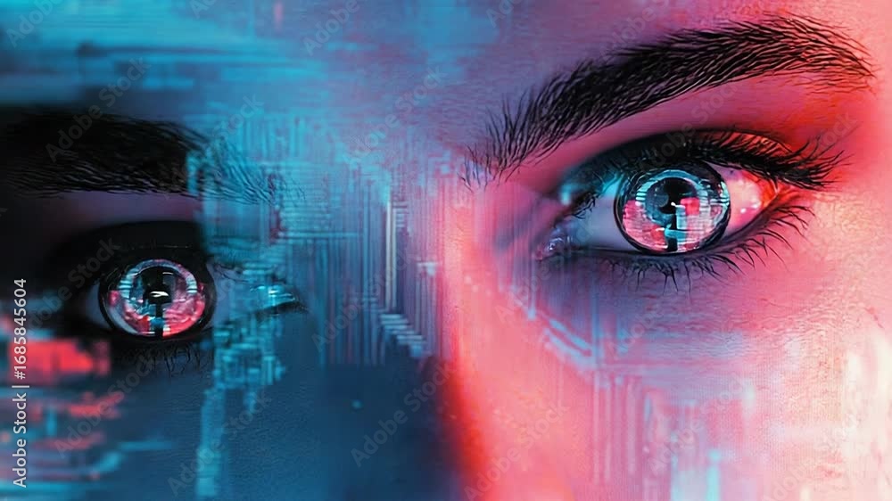Poster woman showing augmented reality displaying computer data analysis