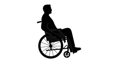 Silhouette of a person sitting in a wheelchair viewed from the side against a white background symbolizing independence and mobility