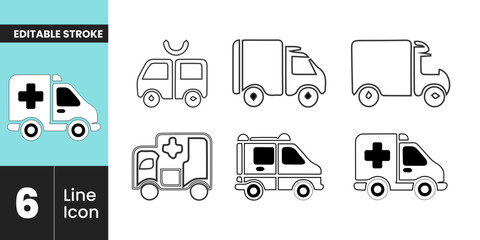  Ambulance and Emergency Vehicles Line Icons: A collection of 6 editable stroke icons for medical transport and healthcare service vector graphics.
