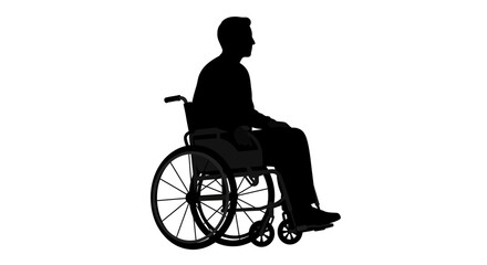 Silhouette of a person sitting in a wheelchair viewed from the side against a white background symbolizing mobility and independence