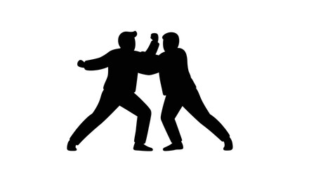 Two silhouetted figures engaged in a dynamic martial arts sparring match demonstrating combat techniques and athletic movement