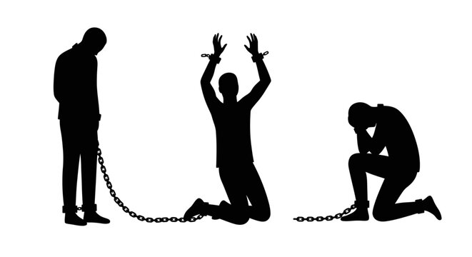 Silhouettes of three chained figures symbolizing oppression captivity and the struggle for freedom against injustice and slavery