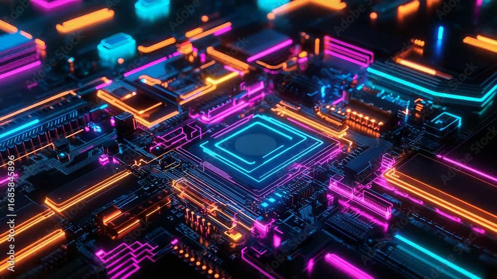 Poster futuristic circuit board pulsating with neon light, cpu and electronic components