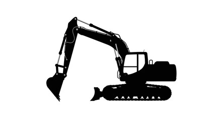 Silhouette of a heavy duty tracked excavator with a long boom and bucket isolated on a white background for construction and industry