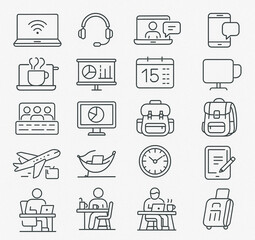 20 Minimal Line Icons Remote Work and Digital Nomad Vector Set | Laptop, Travel, Office, Communication, Productivity Symbols