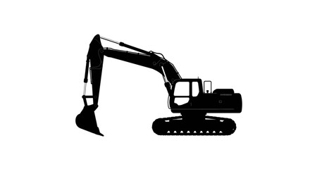 Silhouette of a heavy duty excavator machine with a long boom and bucket isolated on a white background for construction projects