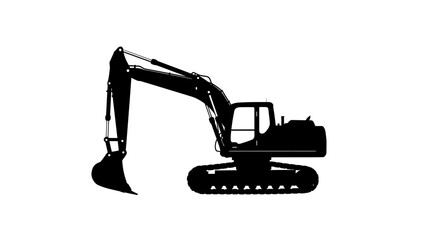 Silhouette of a heavy duty excavator with a large bucket and articulated arm against a clean white background