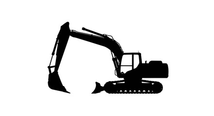 Black silhouette of a heavy duty excavator with a large bucket and tracks isolated on a clean white background for construction and industry concepts isolated on white background