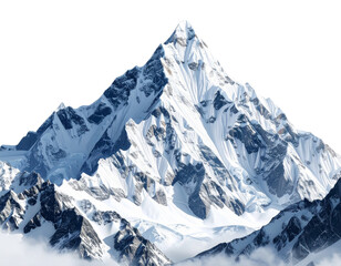 A majestic, snow-covered mountain peak isolated on a transparent background. perfect