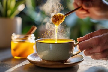 Cozy honey tea with steam and honey dipper