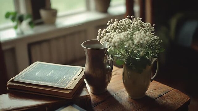 E reader, books, flowers, and mug resting on rustic wooden table
