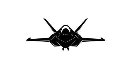 Modern stealth fighter jet in a dramatic black silhouette against a clean white background isolated on white background