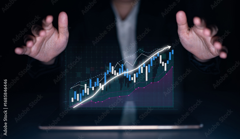 Poster a businessman uses advanced technology to analyze financial data through digital graphs in a dark of